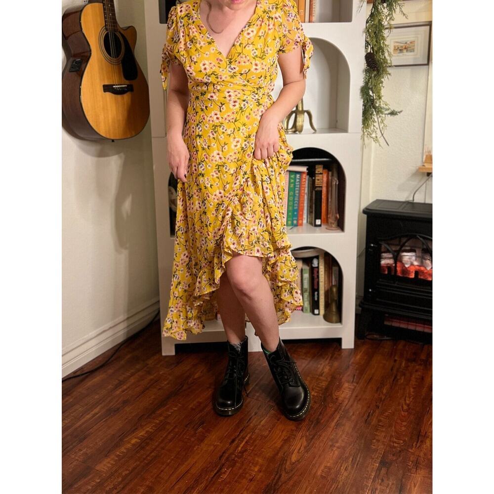 Miami Womens Floral High Low Yellow Maxi Dress Sz M Y2K Cottagecore Garden Party
